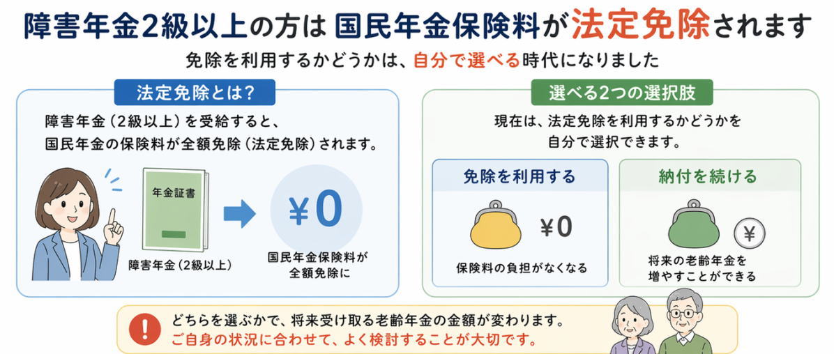 障害年金2級以上の法定免除と納付の選択｜国民年金保険料の仕組み