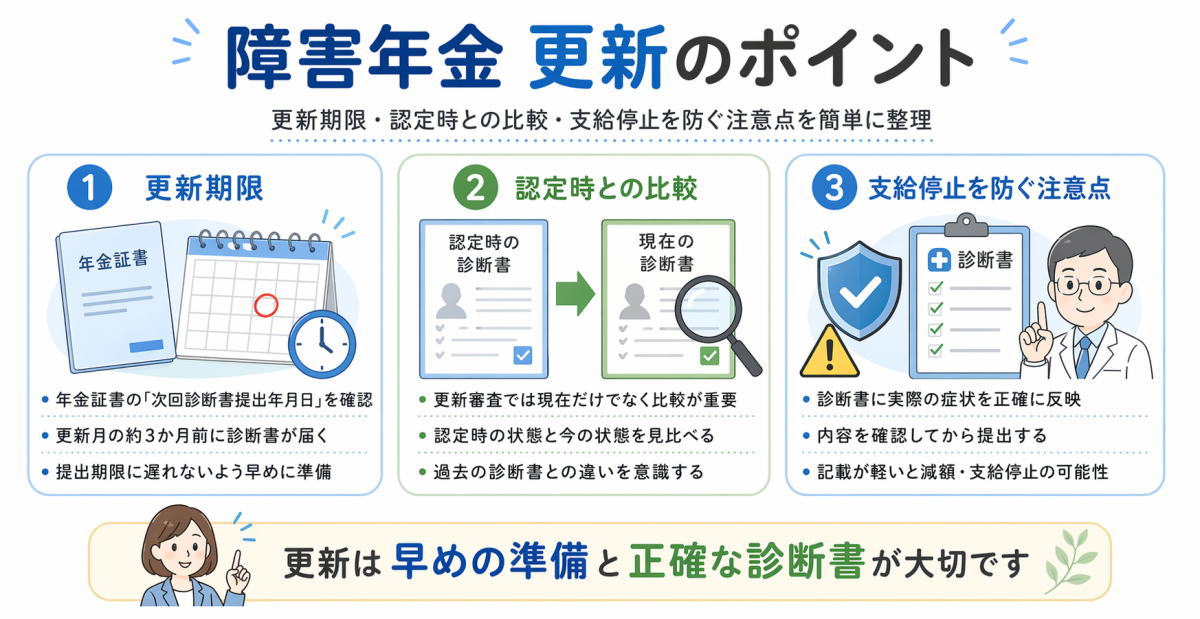 障害年金の更新ポイントをまとめた図。更新期限、認定時との比較、支給停止を防ぐ注意点を解説したイラスト